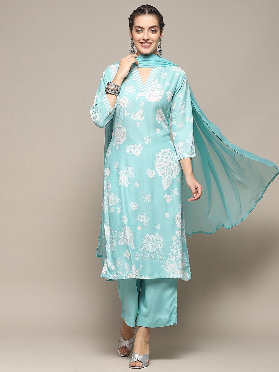 

Biba Floral Printed V-Neck Kurta with Palazzos & With Dupatta, Blue
