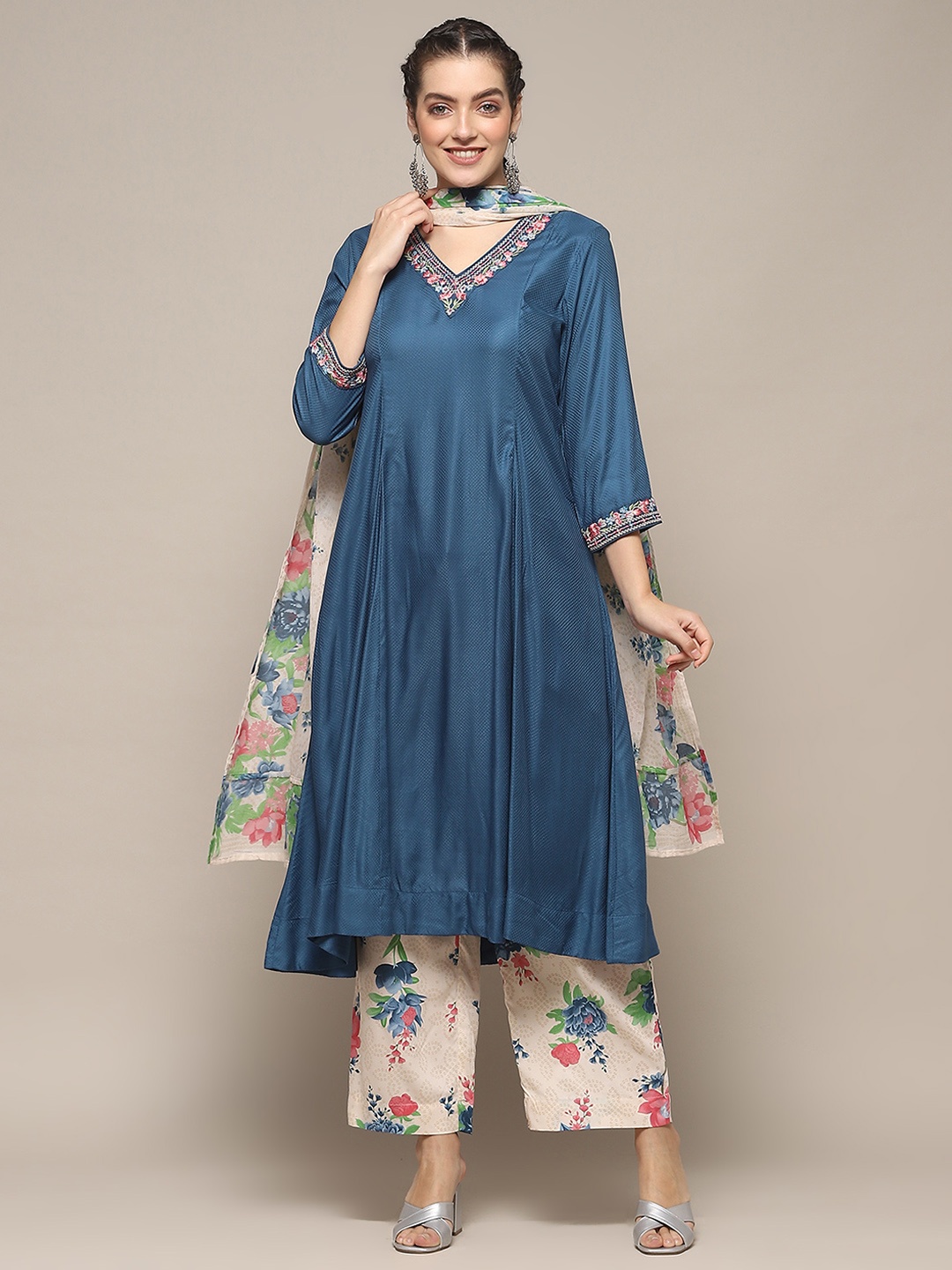 

Biba Women Teal Regular Kurta with Palazzos & Dupatta
