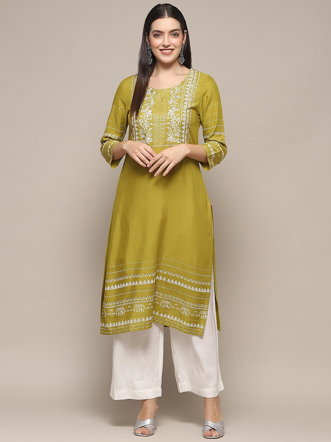 

Biba Ethnic Motifs Printed Regular Kurta With Palazzos, Lime green