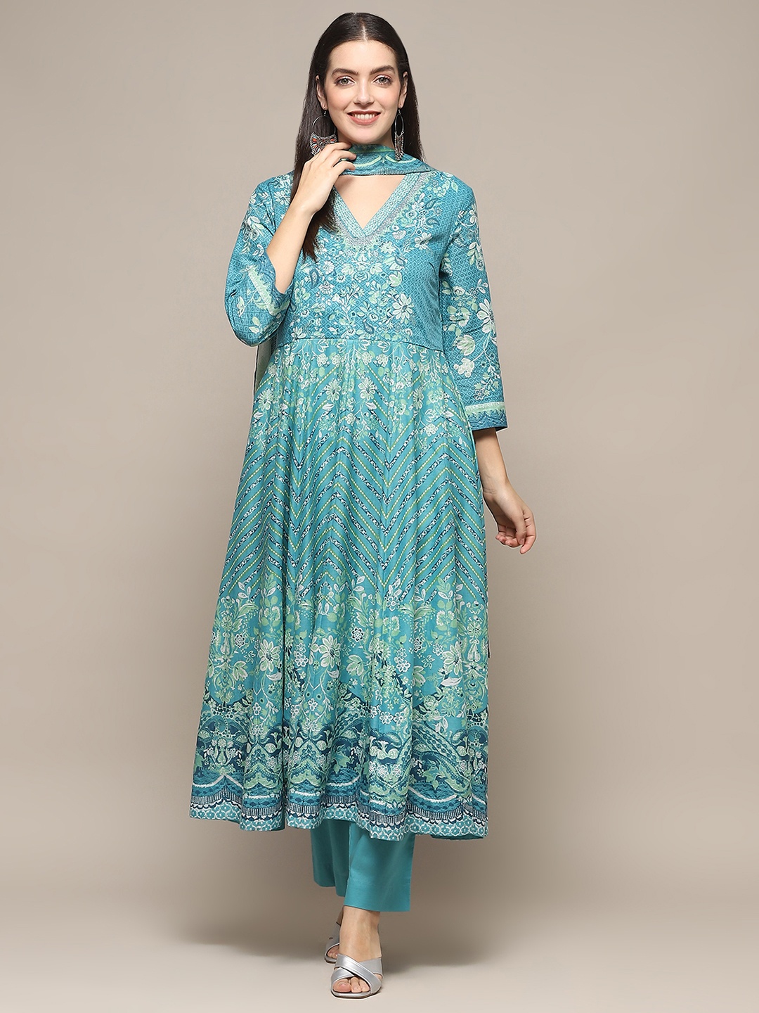 

Biba Floral Printed Pure Cotton Kurta With Palazzo & Dupatta, Blue