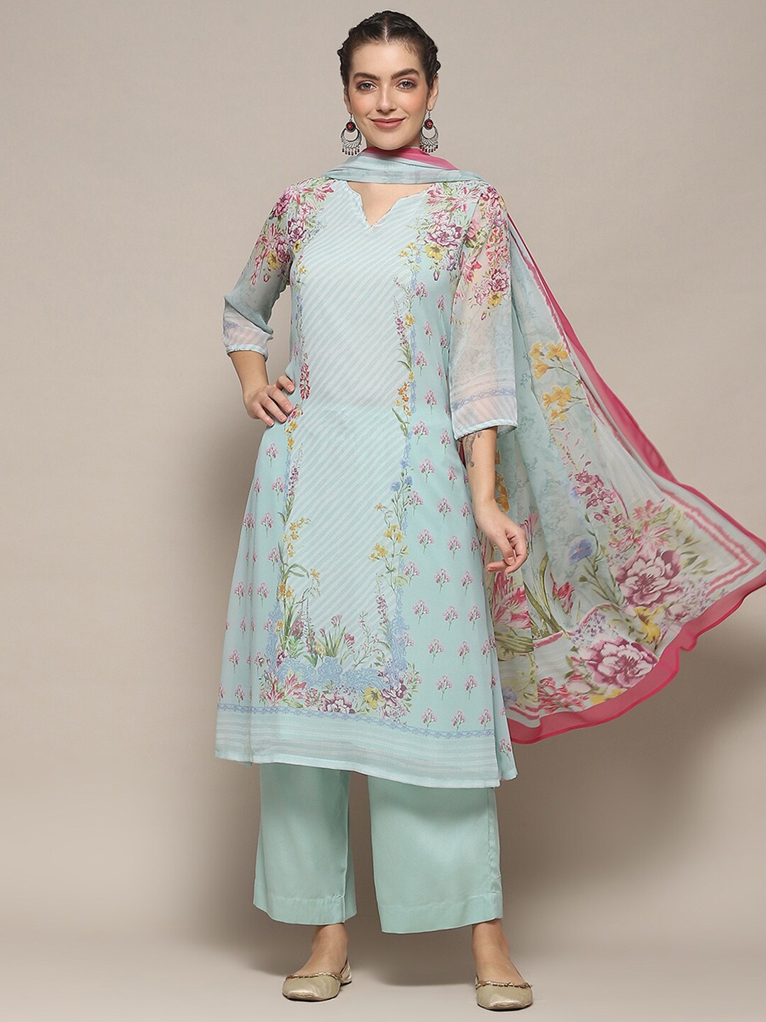 

Biba Floral Printed V-Neck Regular Straight Kurta With Palazzo & Dupatta, Green