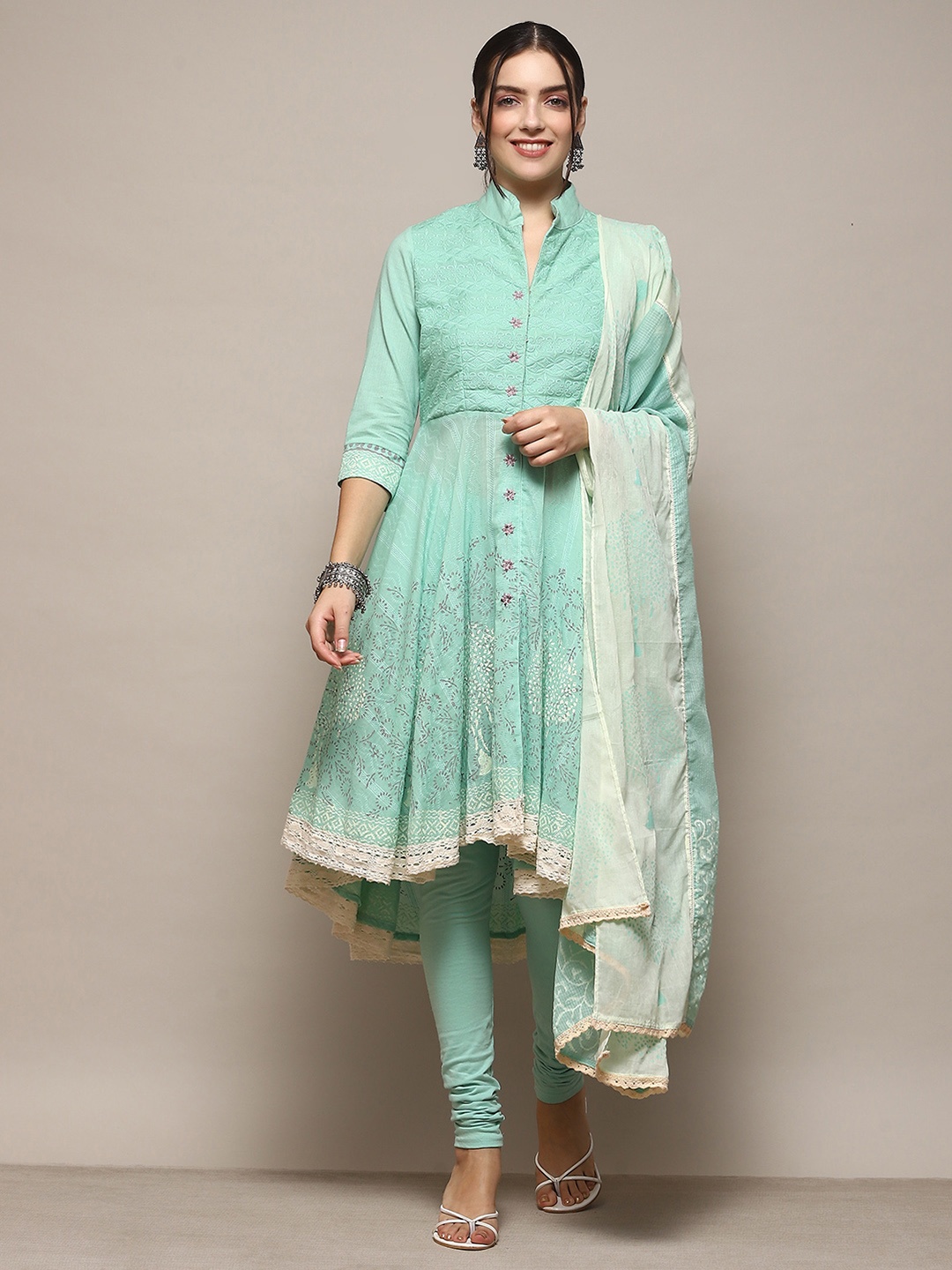 

Biba Ethnic Motifs Embroidered Regular Pure Cotton Kurta with Churidar & Dupatta, Green