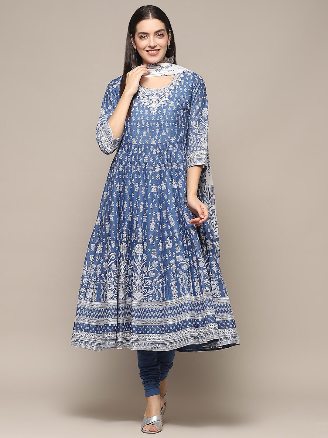 

Biba Floral Printed Empire Thread Work Pure Cotton Kurta With Churidar & Dupatta, Blue