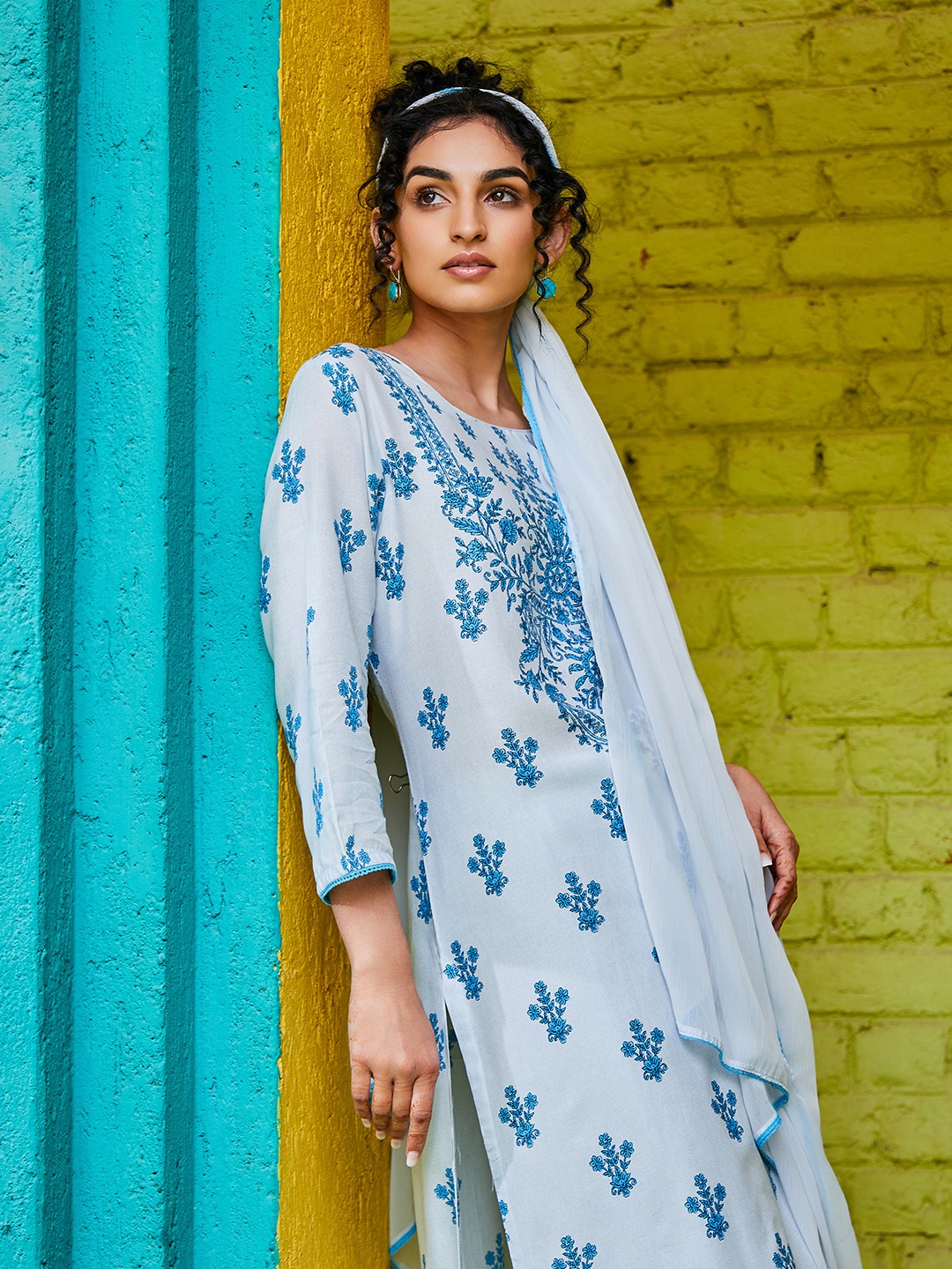 

Biba Floral Printed Regular Thread Work Kurta With Trousers & Dupatta, White