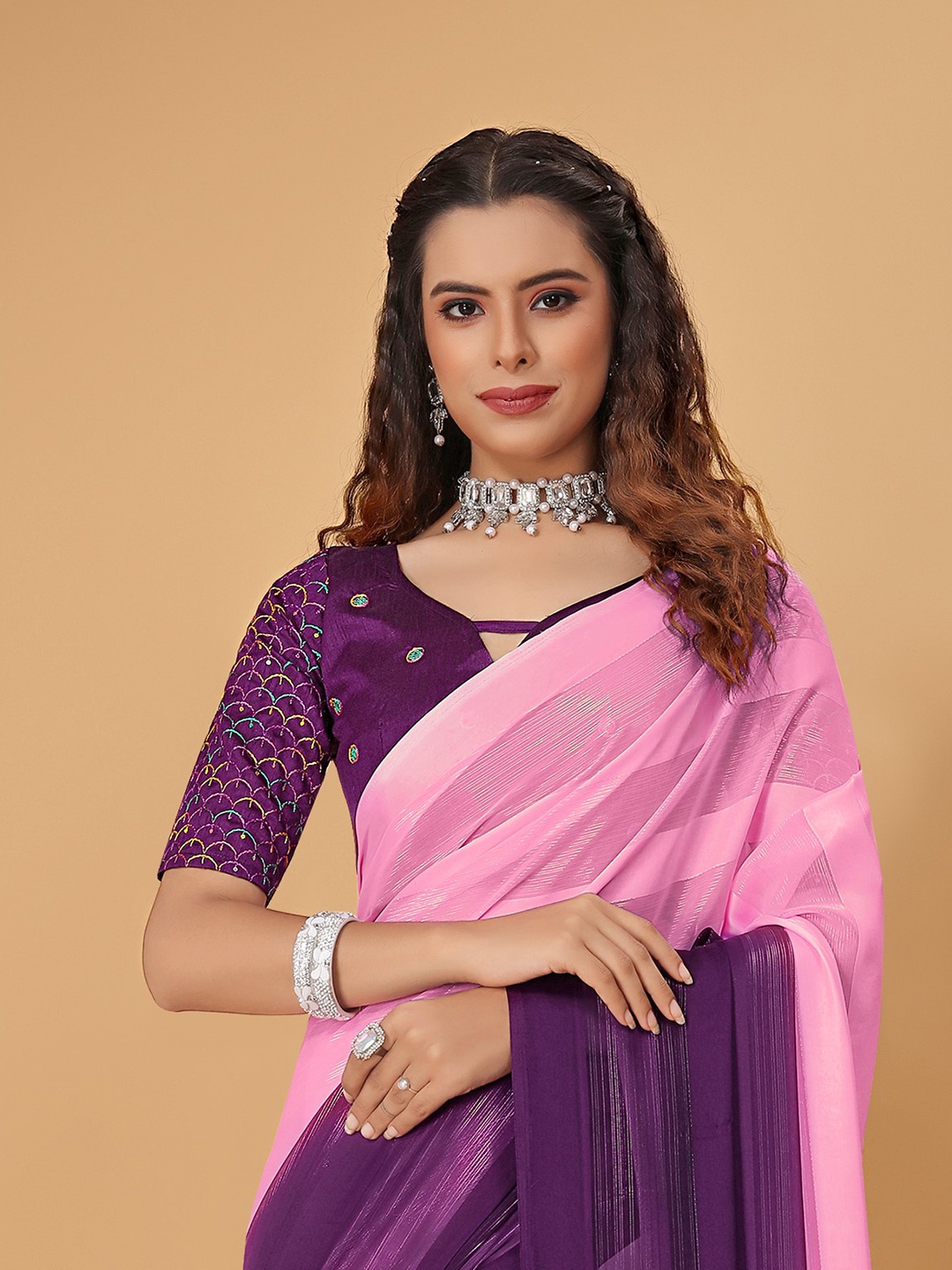 

Pionex Solid Striped Saree, Purple