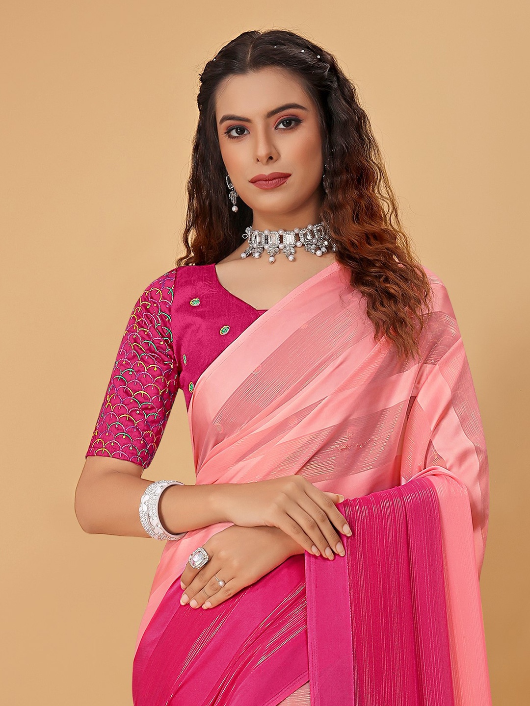 

Pionex Striped Ready to Wear Mysore Silk Saree, Pink