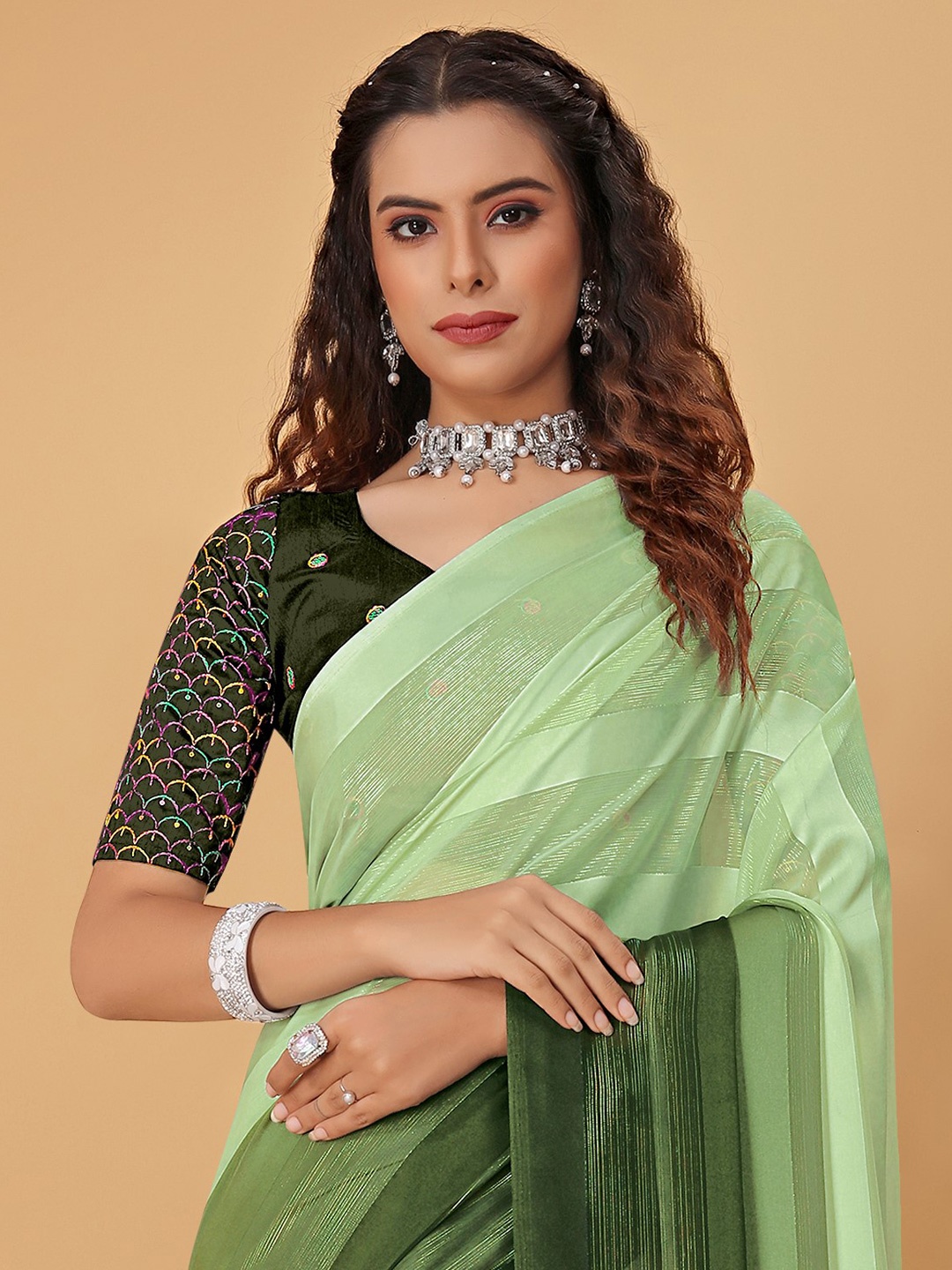 

Pionex Striped Mysore Silk Saree, Green