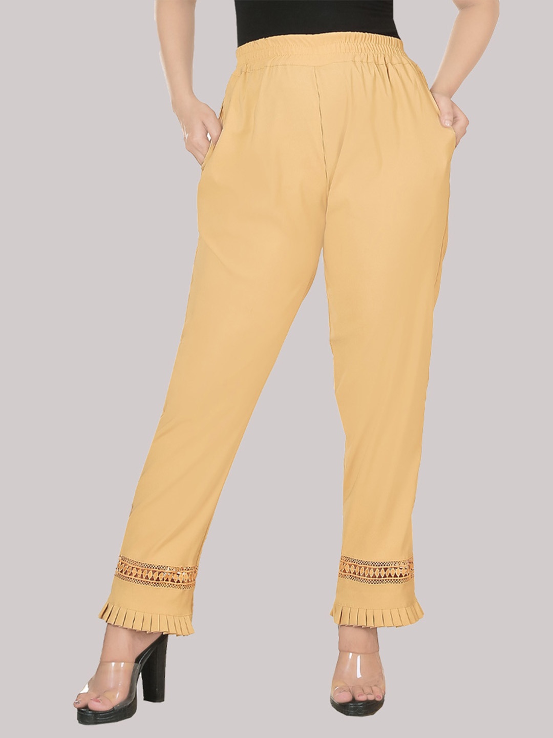 

BAESD Women Pencil Slim Fit Mid-Rise Lint Free Pleated Trousers, Cream