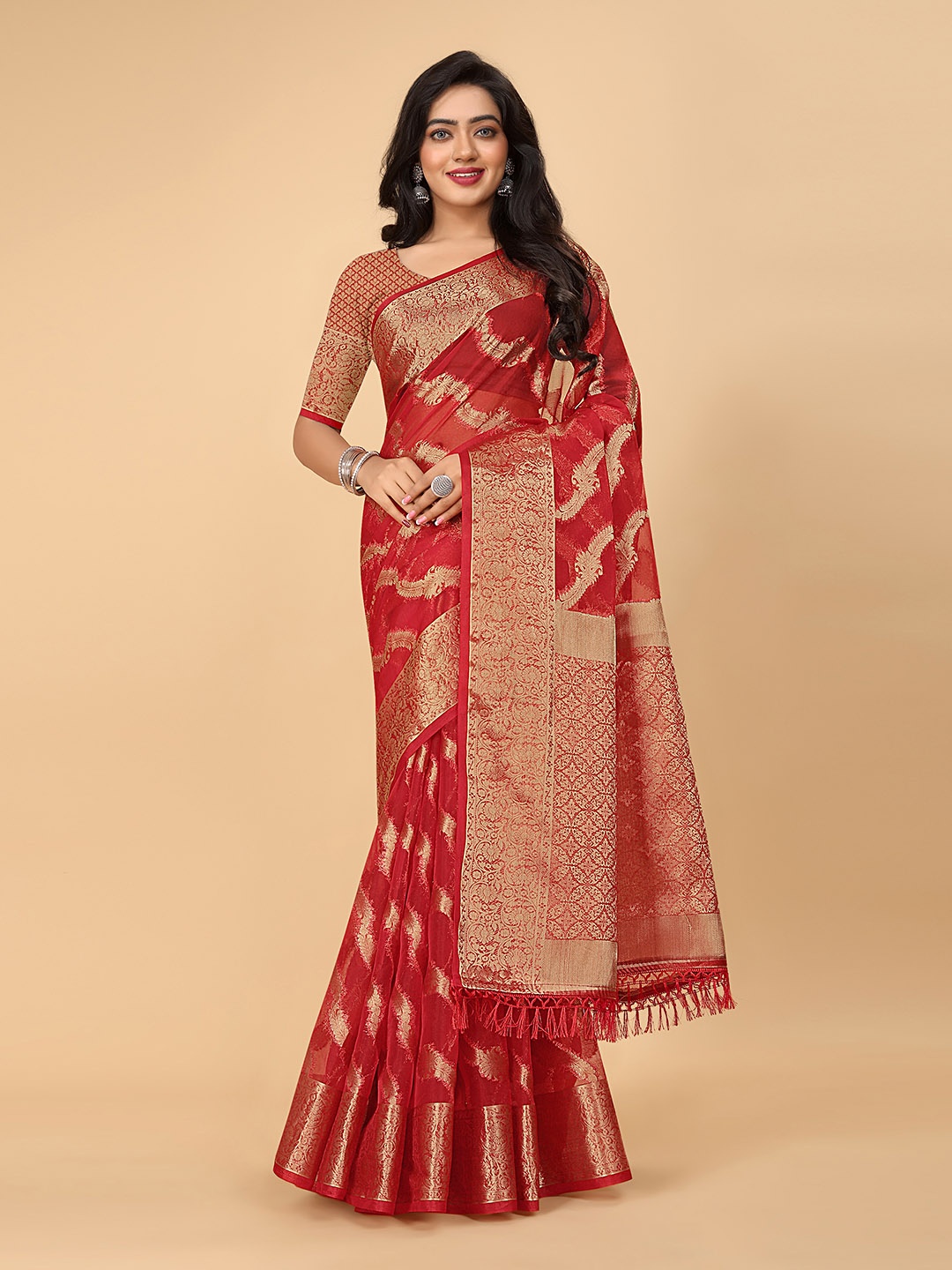 

Pionex Ethnic Motifs Zari Organza Banarasi Saree, Red