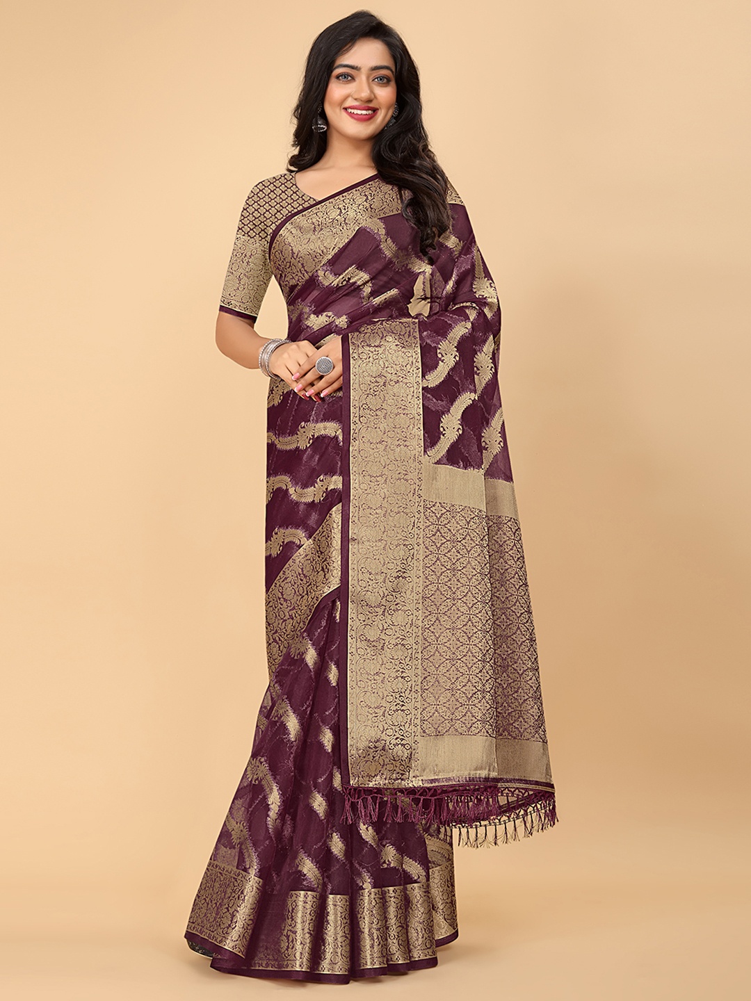 

Pionex Ethnic Motifs Zari Organza Banarasi Saree, Purple