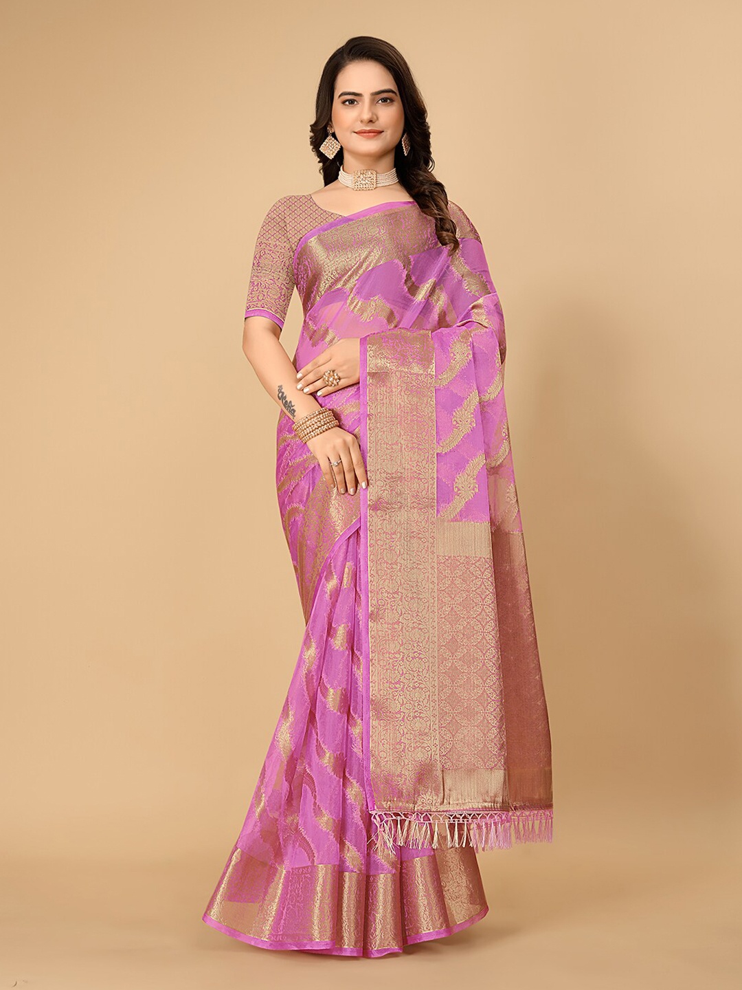

Pionex Woven Design Zari Organza Banarasi Saree, Pink