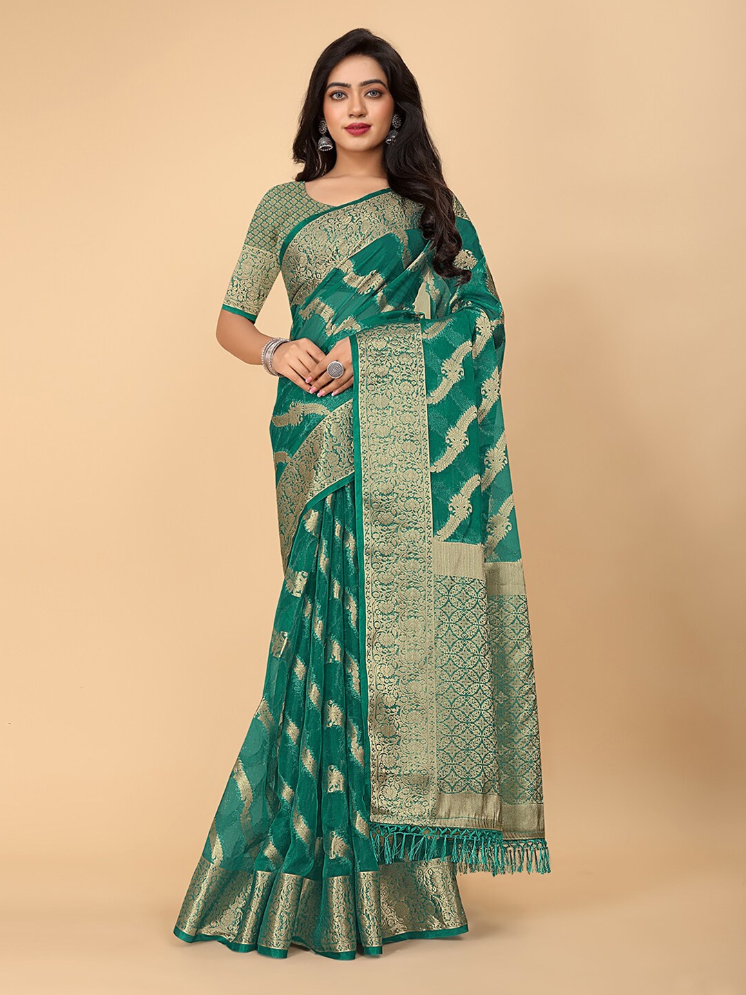 

Pionex Leheriya Zari Organza Banarasi Saree, Teal