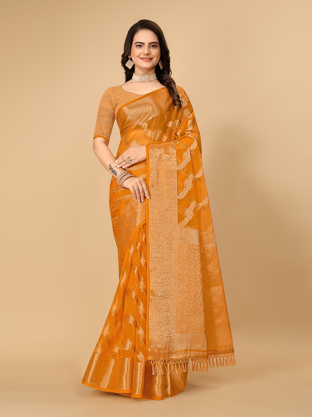 

Pionex Ethnic Motifs Woven Design Zari Organza Banarasi Saree, Gold