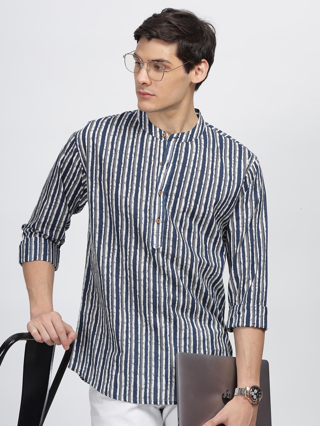 

Anouk Navy Blue Striped Band Collar Cotton Straight Kurta