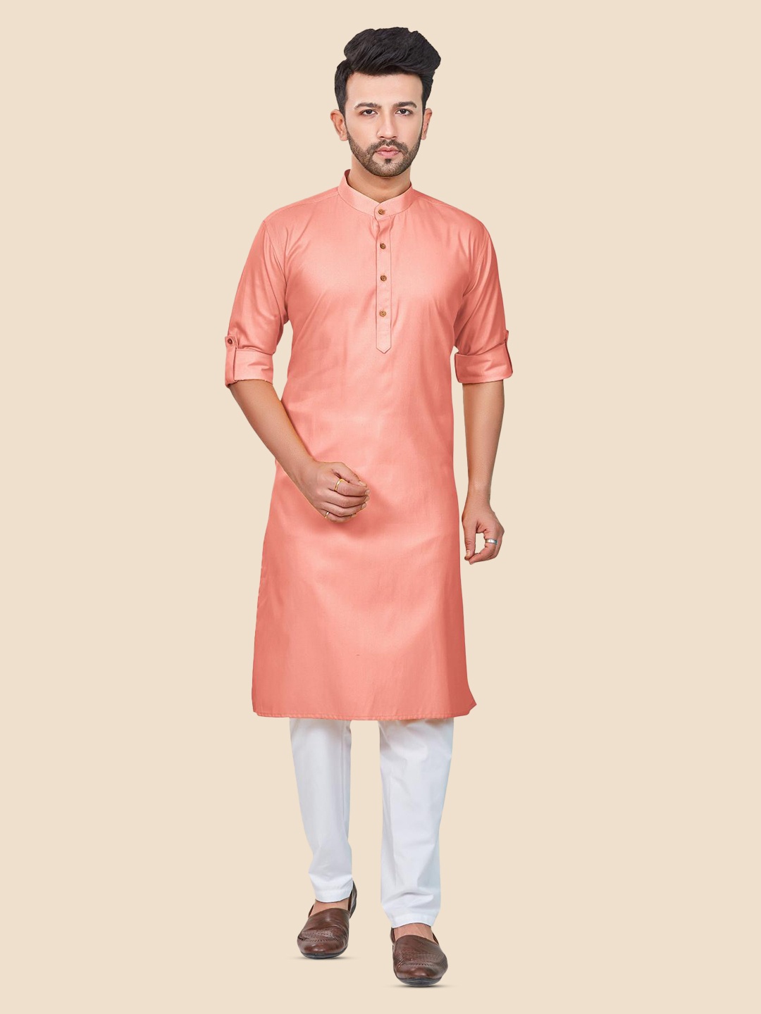 

Anouk Coral Band Collar Roll-Up Sleeves Pure Cotton Kurta