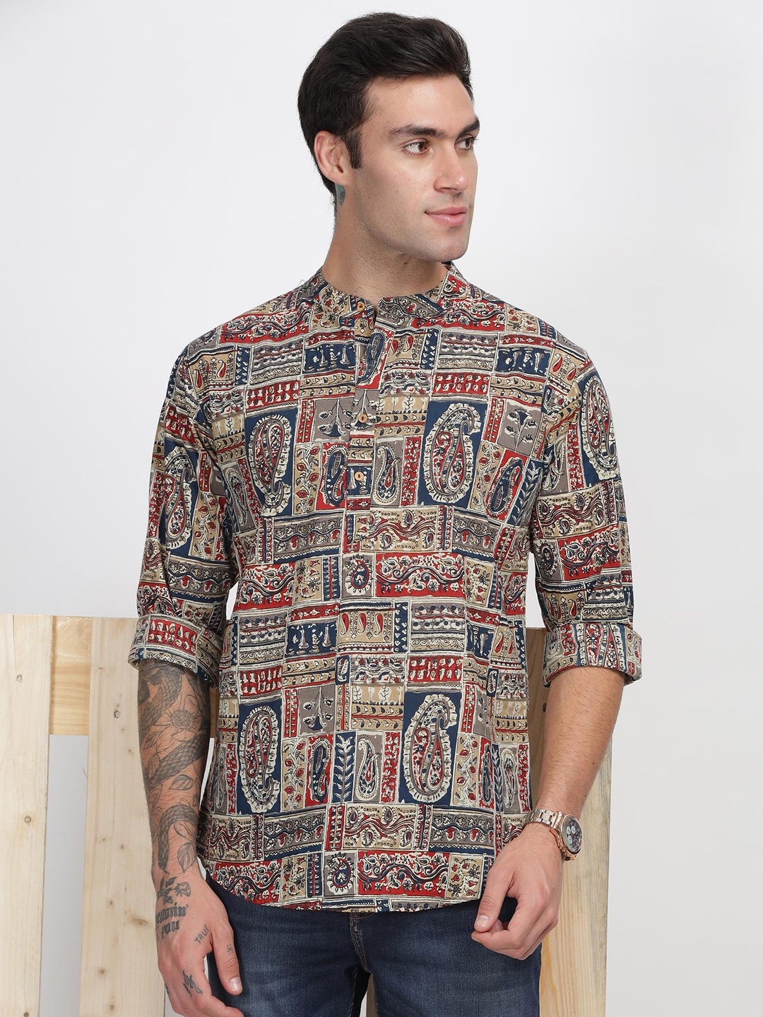 

Anouk Abstract Printed Mandarin Collar Cotton Straight Short Kurta, Brown