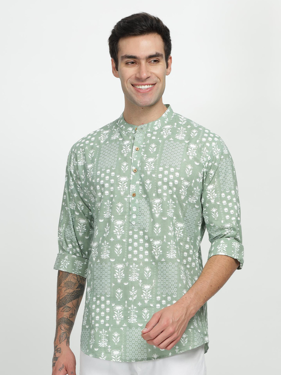 

Anouk Green Ethnic Motifs Printed Short Cotton Kurta