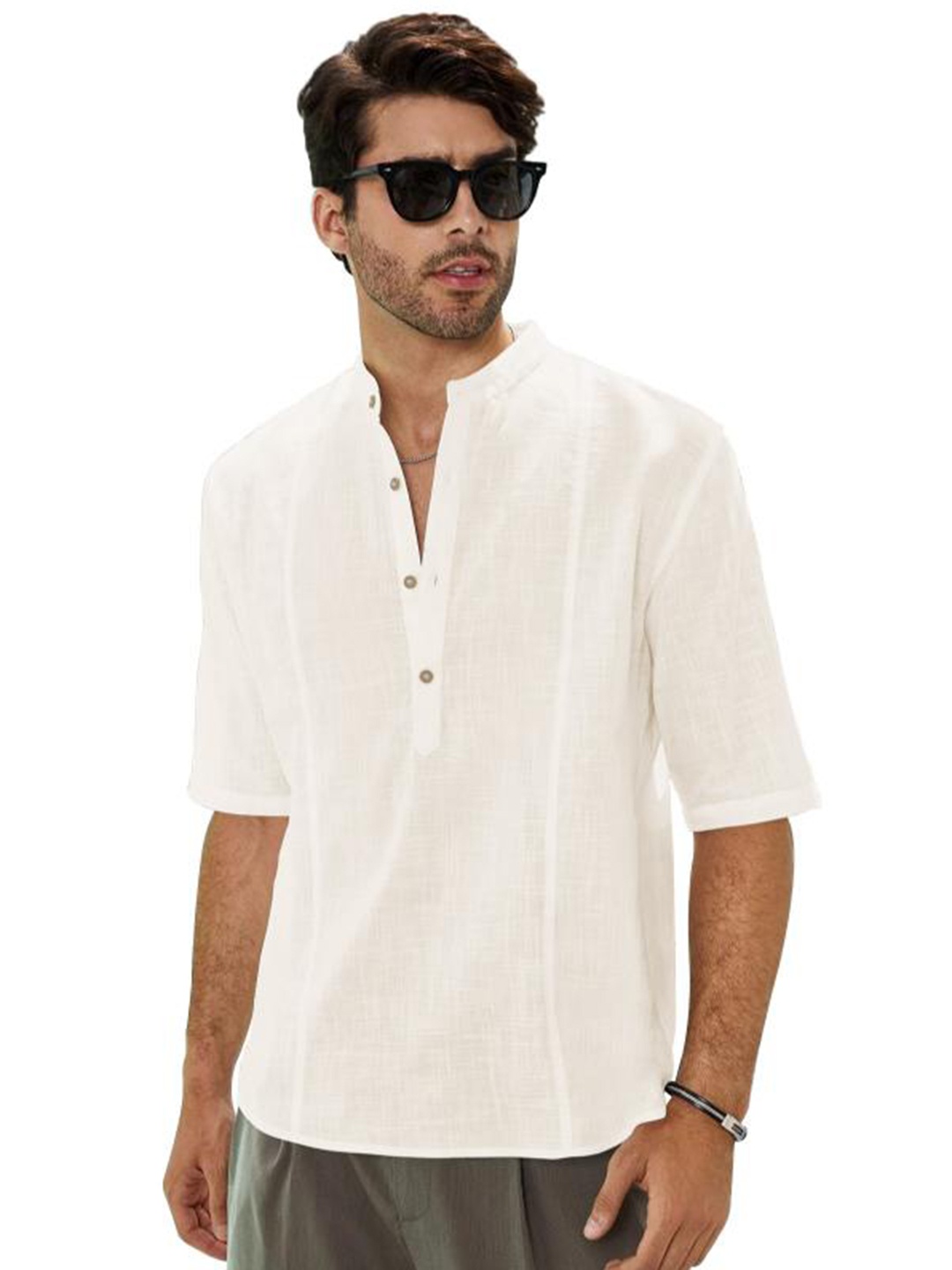 

Anouk Mandarin Collar Roll Up Sleeves Straight Kurta, Cream
