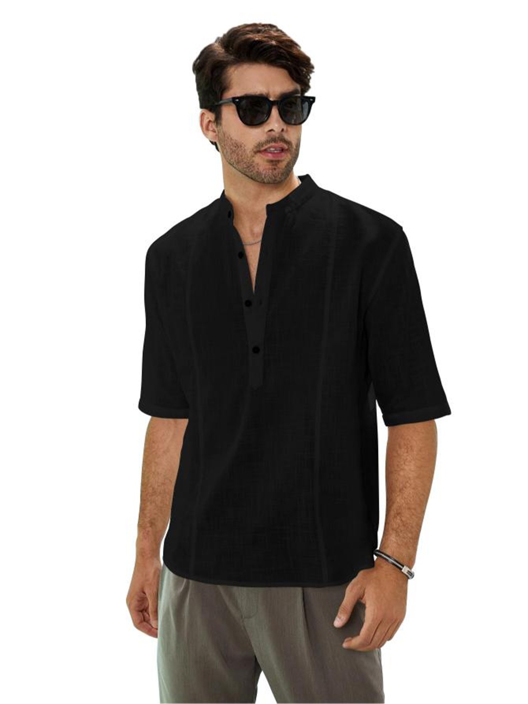

Anouk Mandarin Collar Short Roll Up Sleeves Straight Kurta, Black