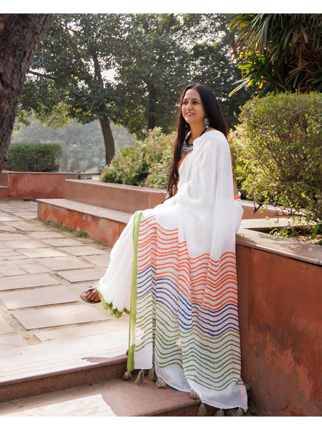 

Baisacrafts Pure Cotton Block Printed Saree, White
