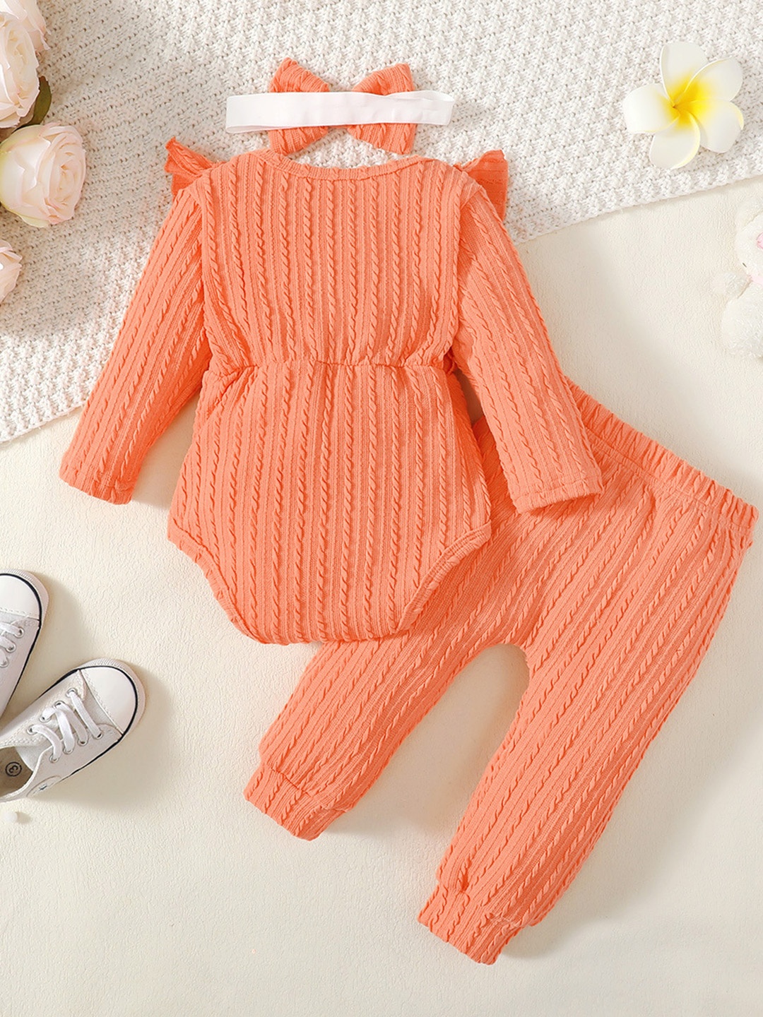 

StyleCast infant Girls Orange Self Design Bodysuit with Pyjamas and Headband