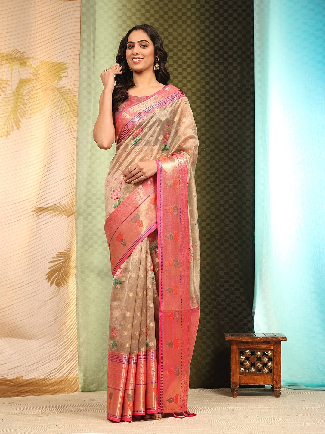 

Silk Land Kalamkari Banarasi Art Silk Digital Print Saree, Beige