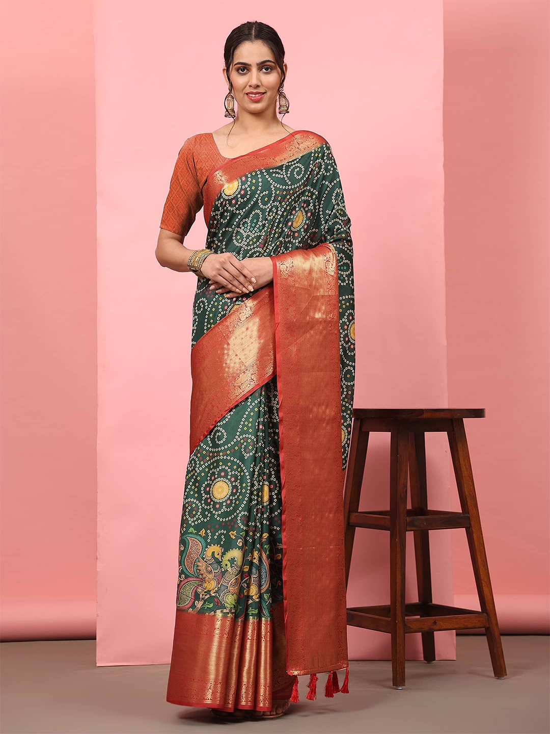 

Silk Land Bandhani Banarasi Silk Blend Digital Print Saree, Green