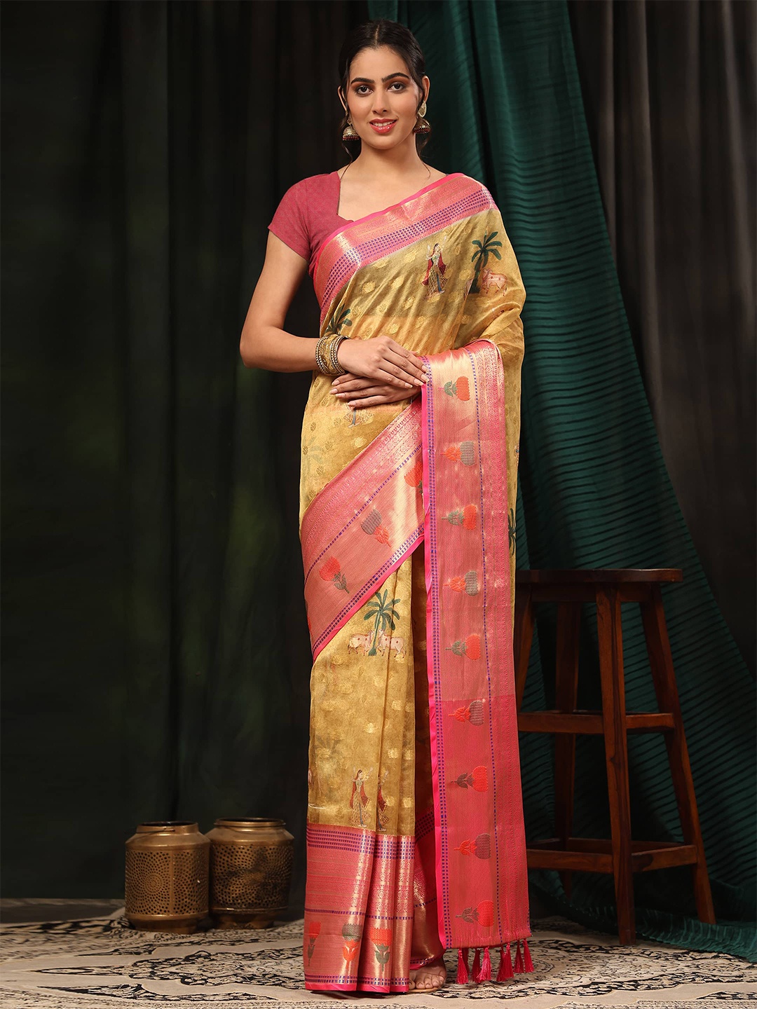 

Silk Land Kalamkari Printed Woven Design Zari Art Silk Banarasi Saree, Mustard