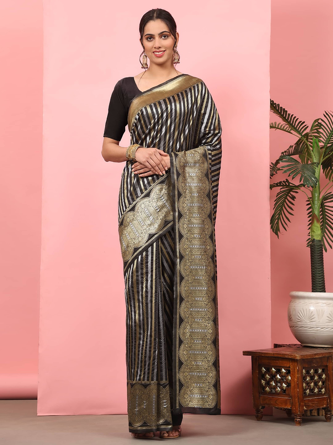 

Silk Land Striped Zari Art Silk Fusion Banarasi Saree, Black