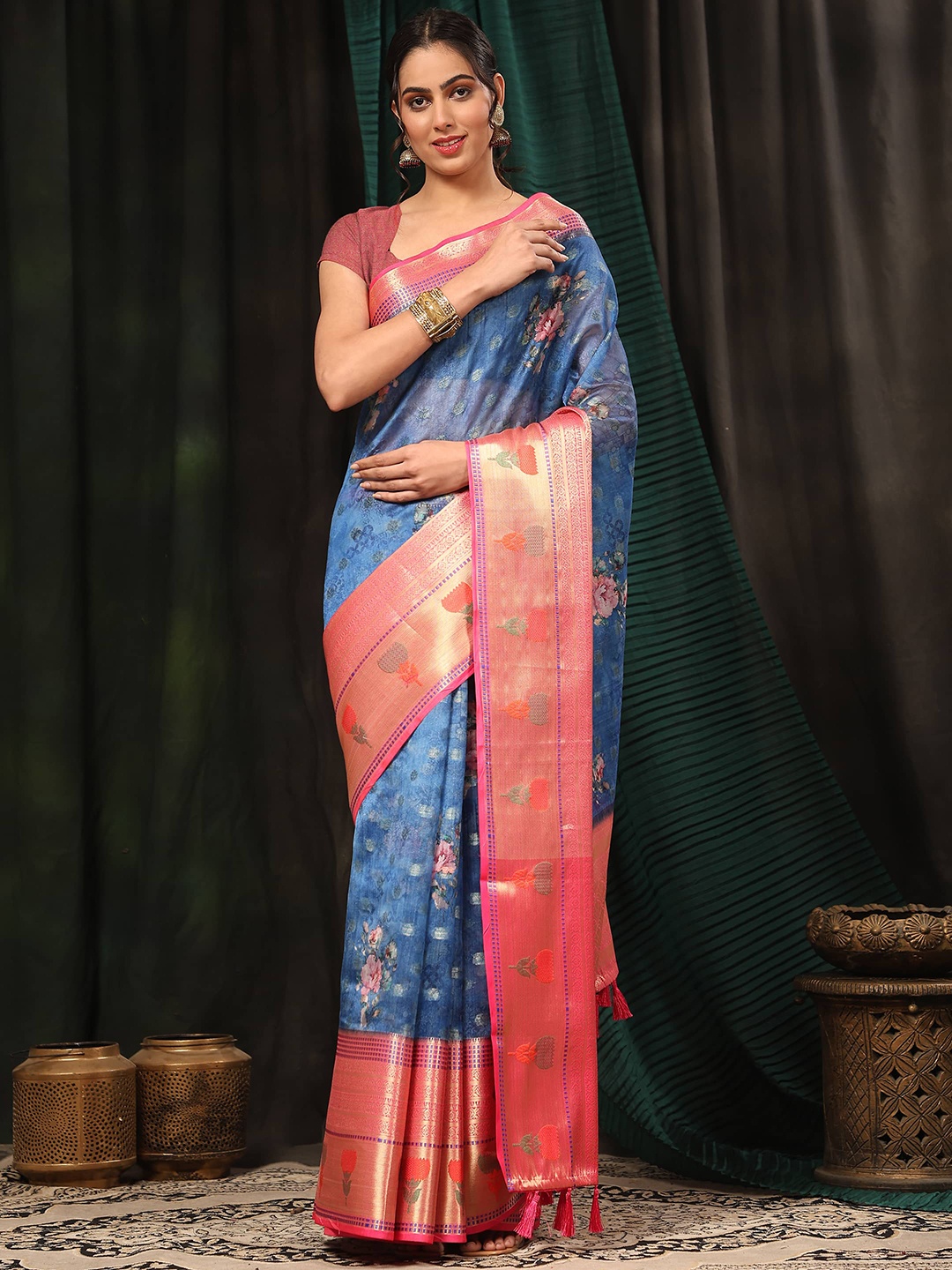 

Silk Land Flora Banarasi Art Silk Digital Print Saree, Navy blue