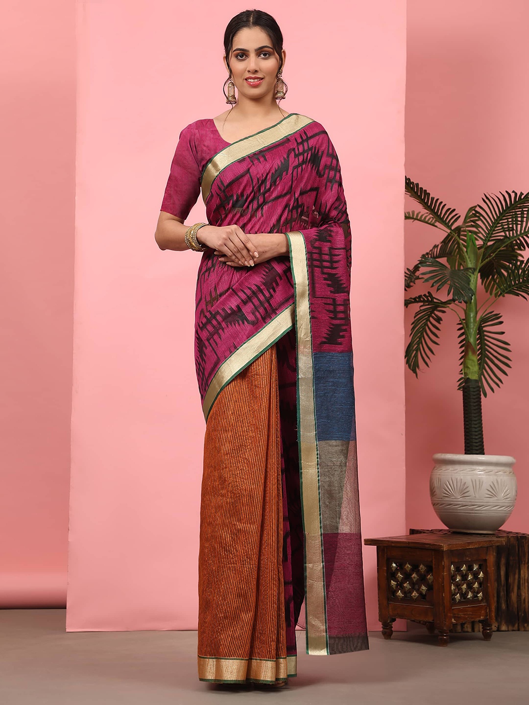 

Silk Land Woven Design Zari Silk Cotton Half and Half Banarasi Saree, Purple