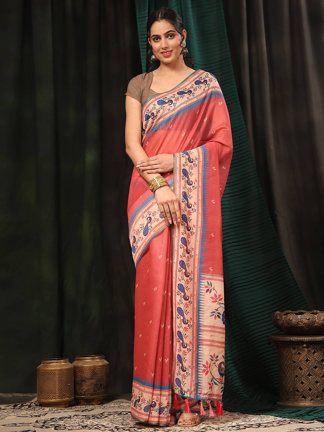 

Silk Land Ethnic Motifs Zari Paithani Saree, Pink