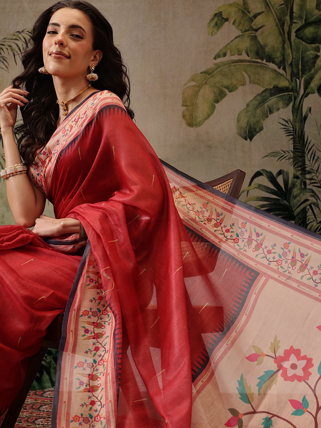 

Silk Land Fusion Paithani Digital Print Saree, Red