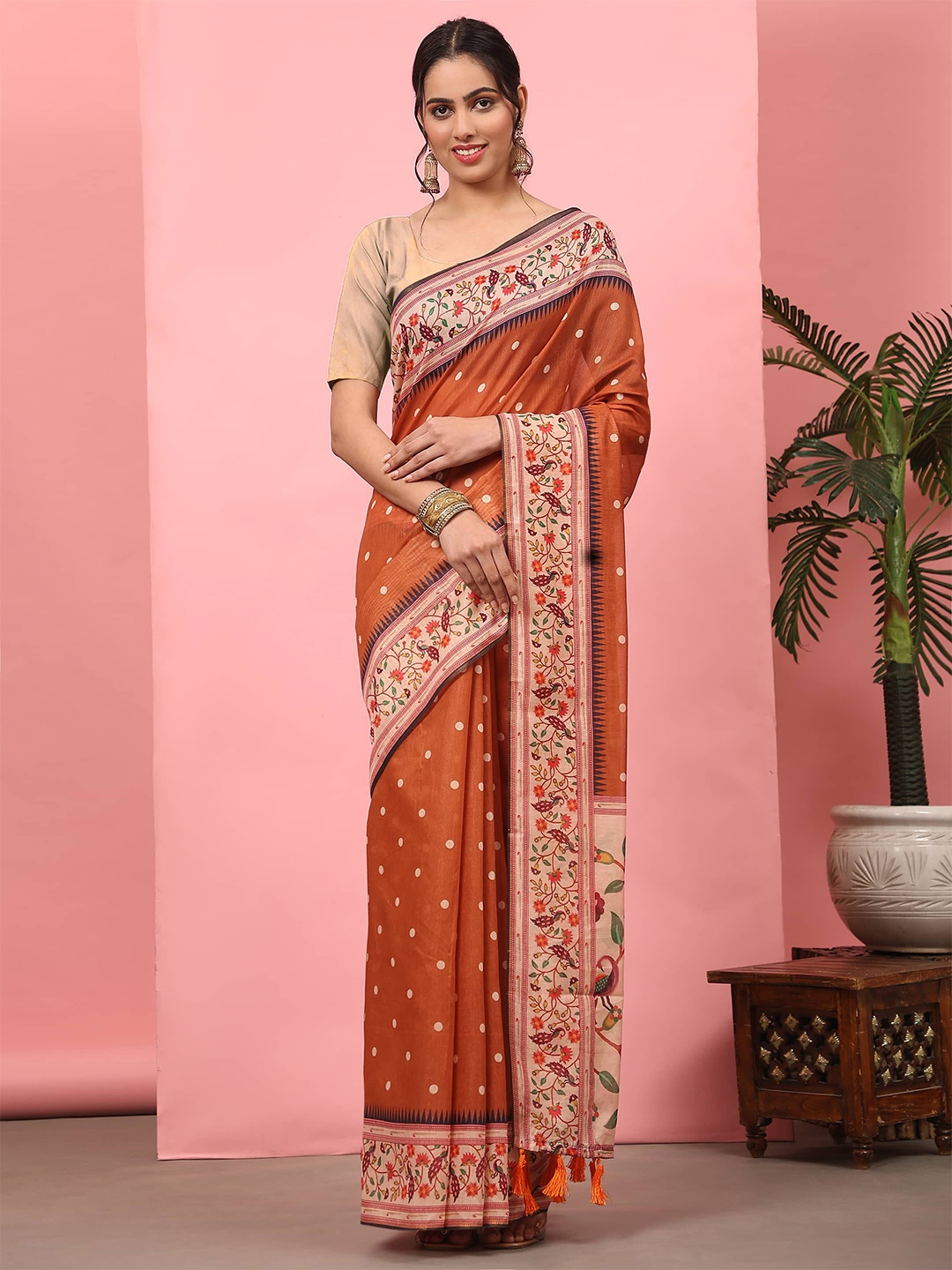 

Silk Land Polka Dot Zari Paithani Saree, Orange