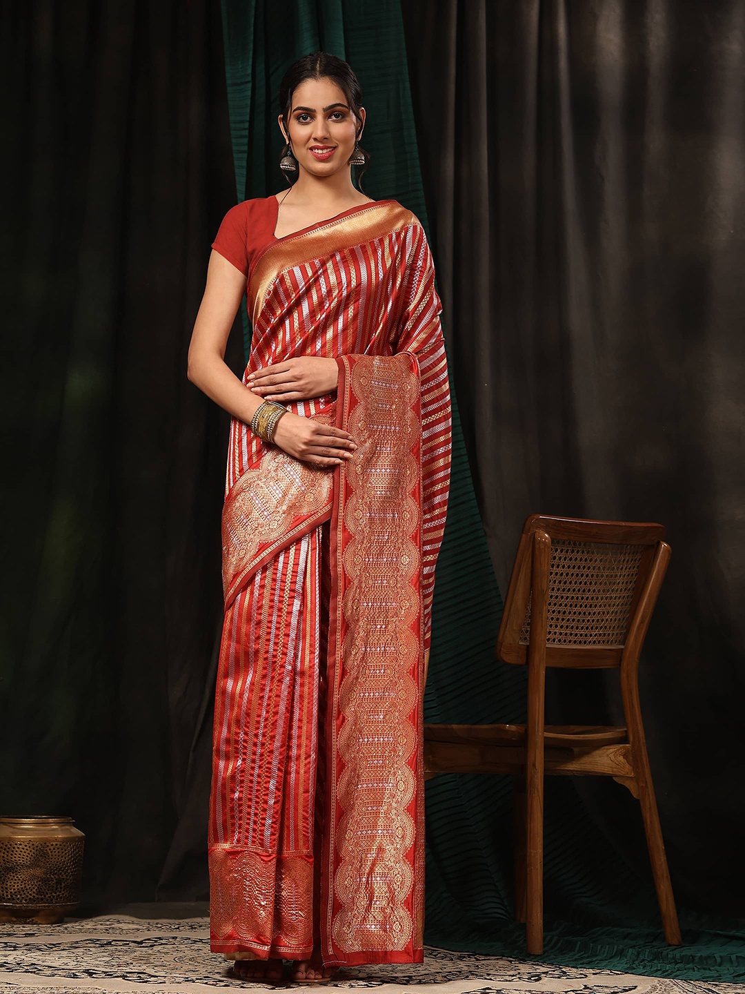 

Silk Land Striped Zari Art Silk Fusion Banarasi Saree, Red