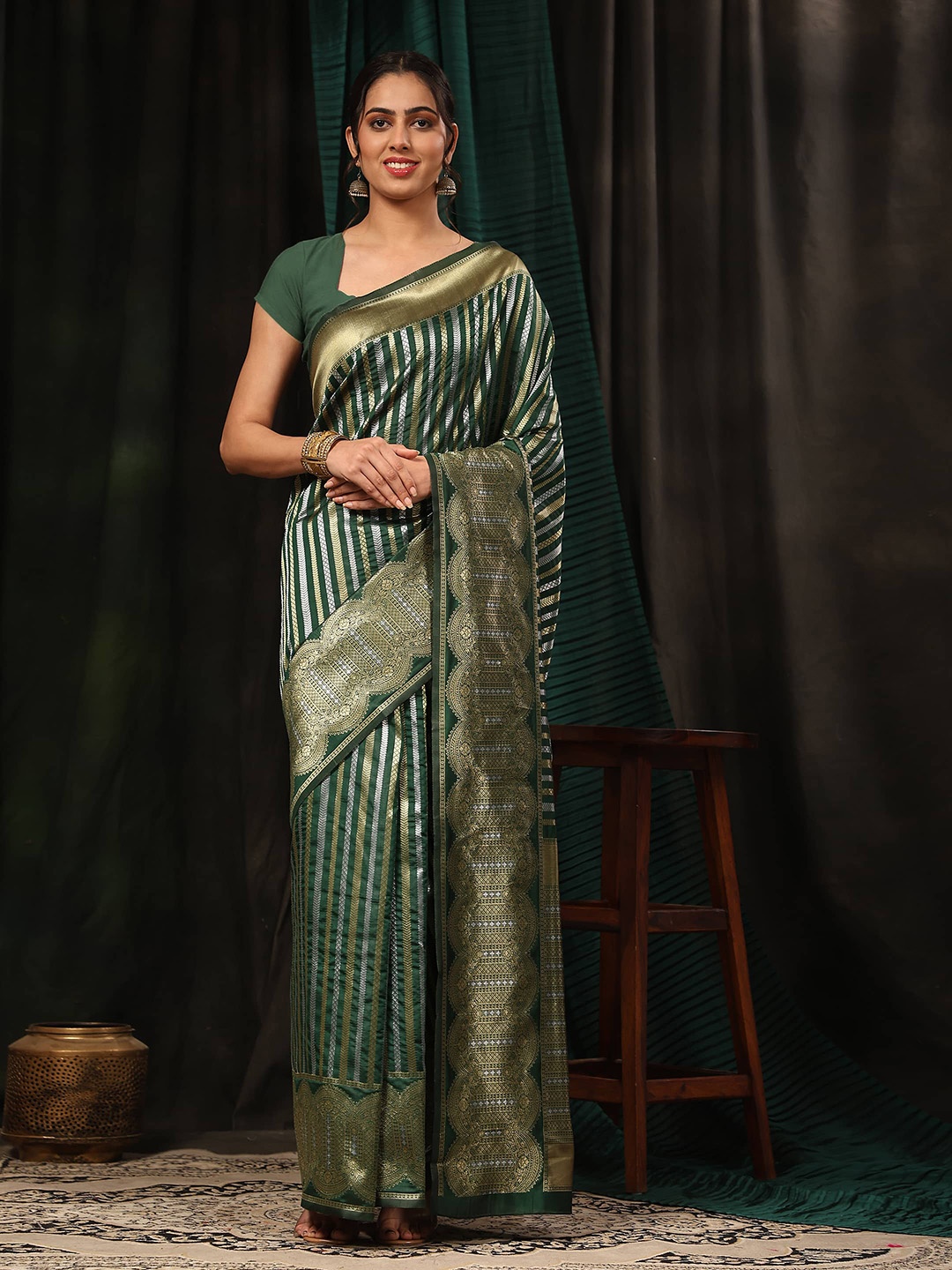 

Silk Land Striped Zari Art Silk Fusion Banarasi Saree, Green