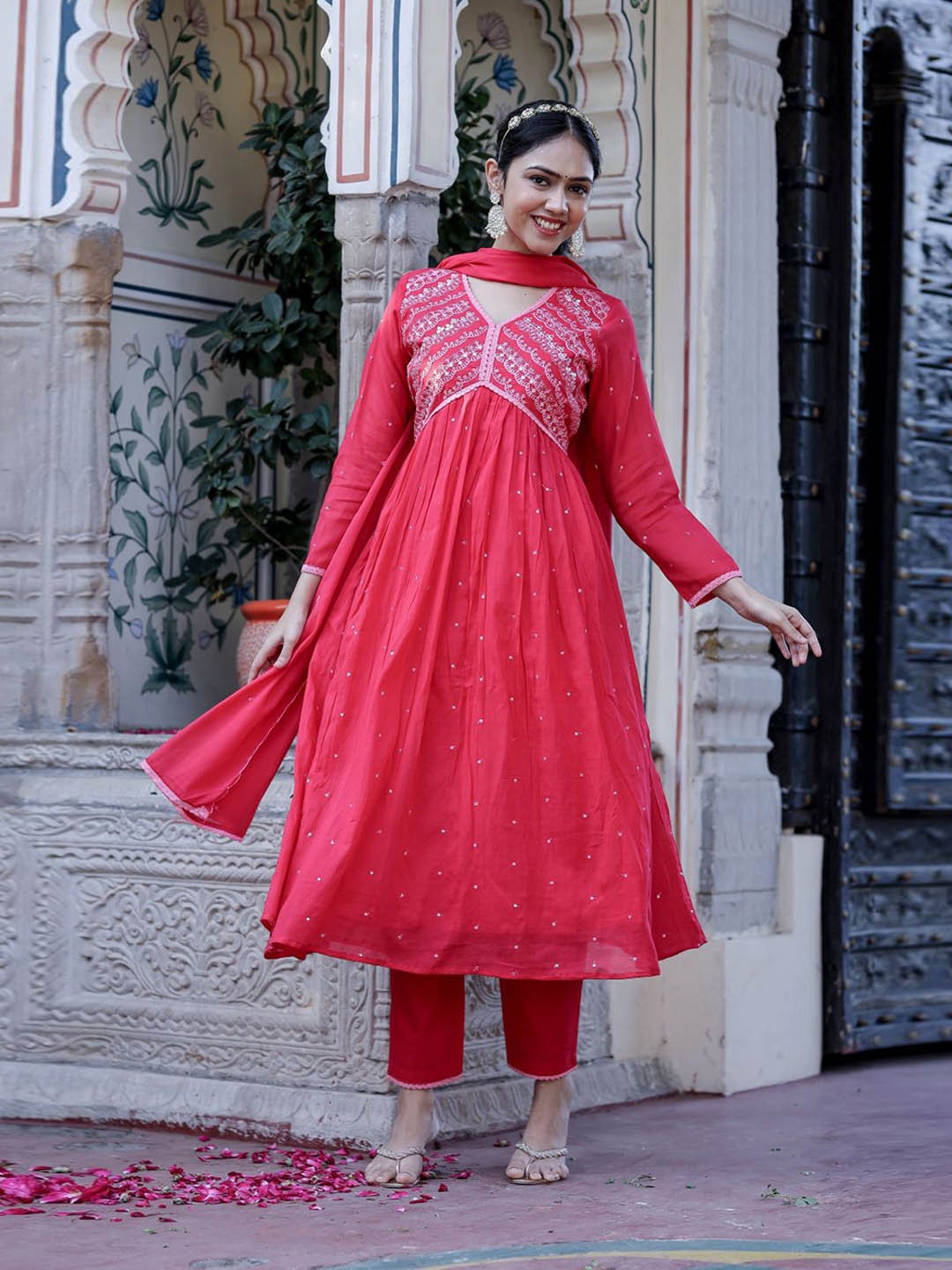 

Chandbaali Ethnic Embroidered Empire Mirror Work Pure Cotton Kurta With Trousers & Dupatta, Pink