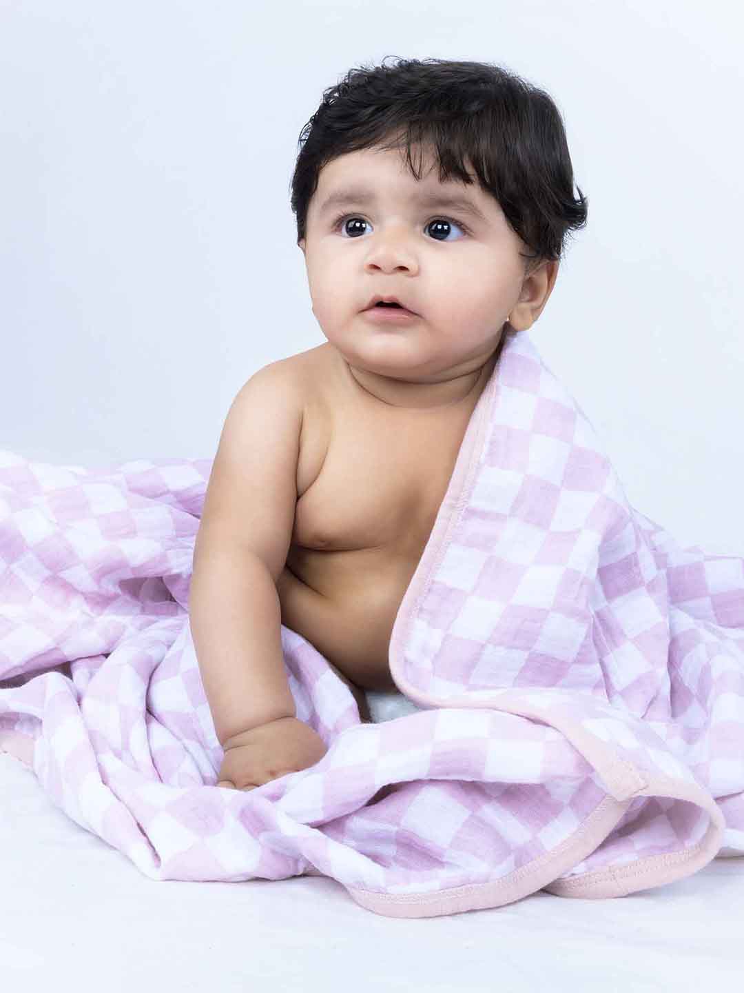 

THEONI Violet & White Checked Cotton AC Room 150 GSM Single Bed Blanket