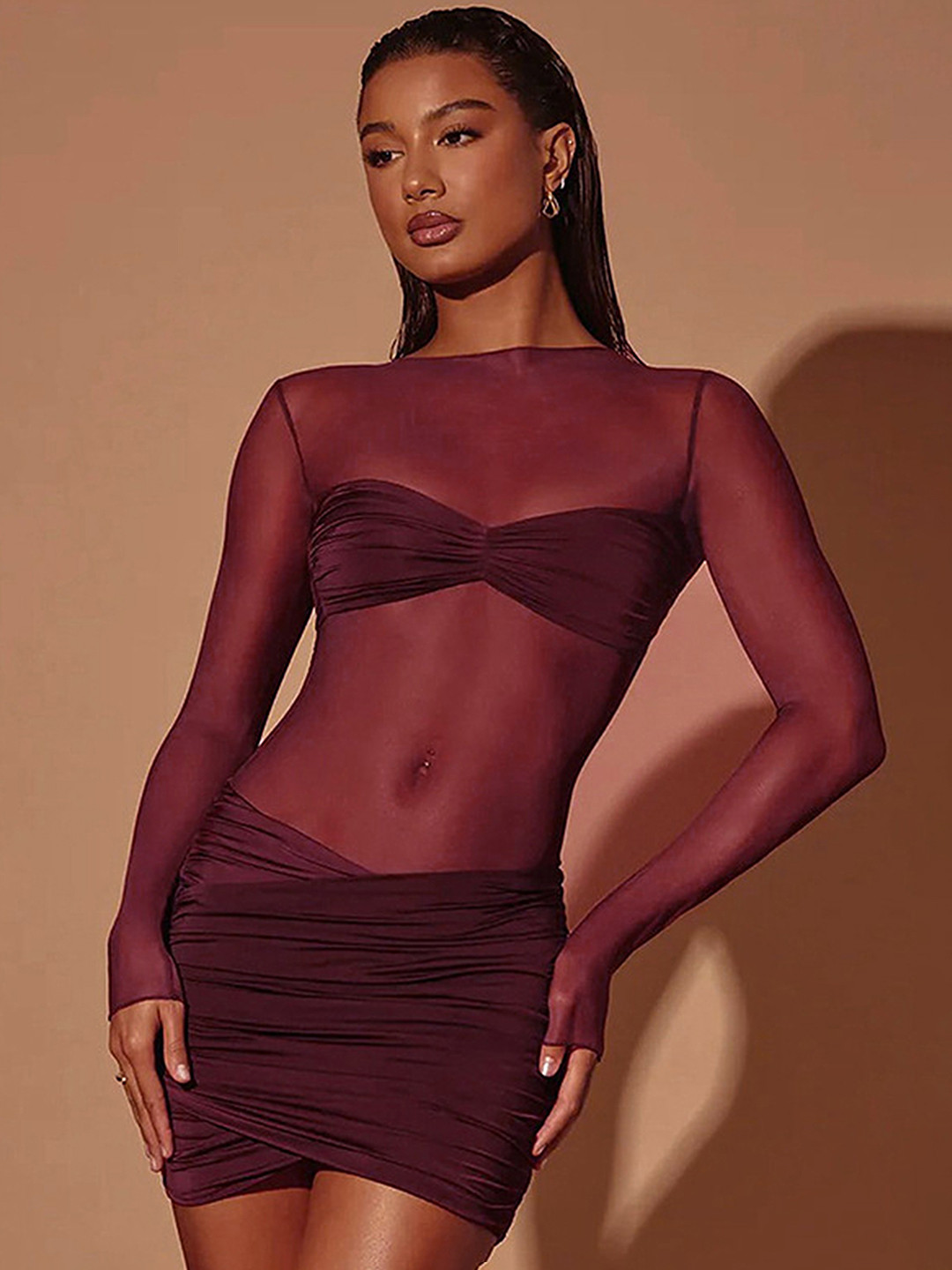 

LULU & SKY Sheer Ruched Bodycon Dress, Brown