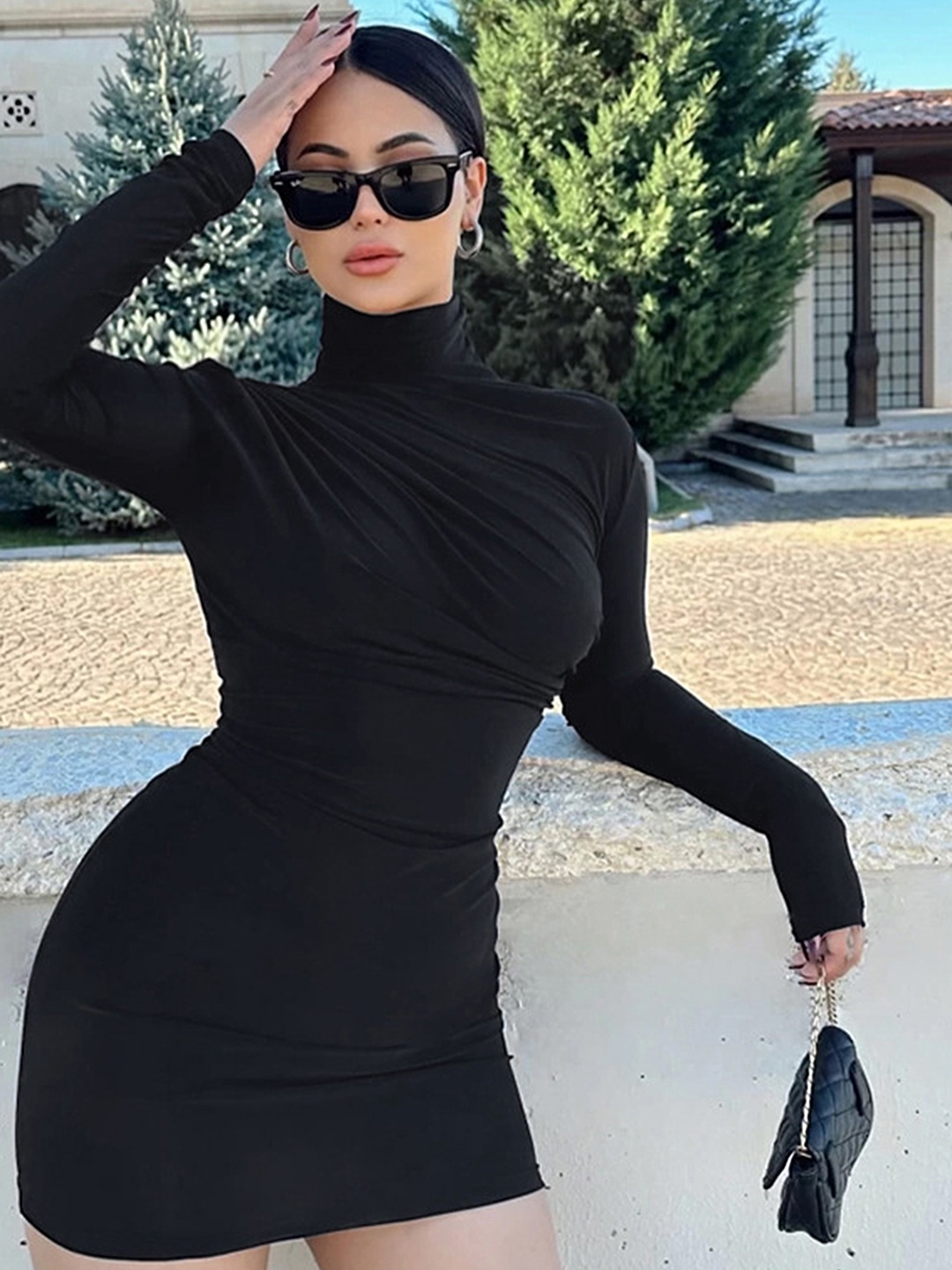 

LULU & SKY High Neck Long Sleeves Bodycon Dress, Black