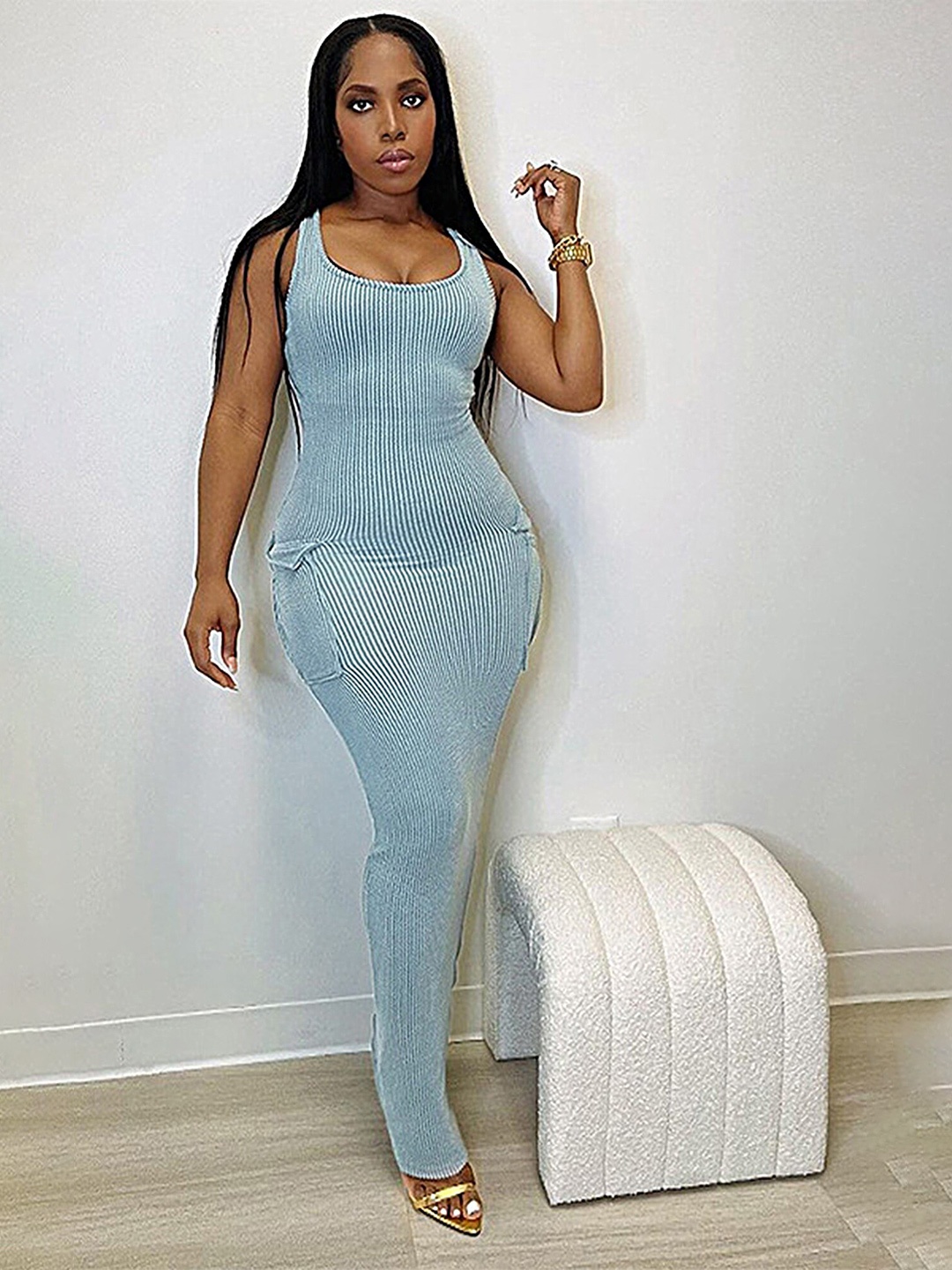 

LULU & SKY U Neck Flap Patch Pocket Bodycon Maxi Dress, Blue