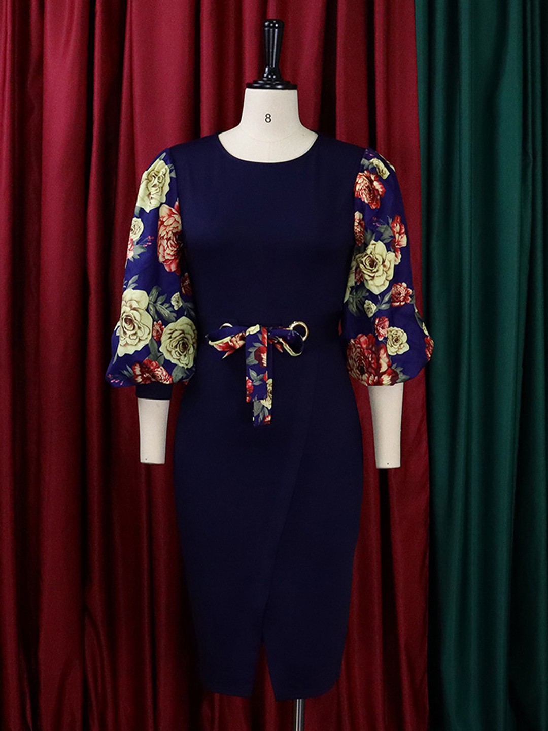 

LULU & SKY Floral Printed Puff Sleeves Bodycon Dress, Blue