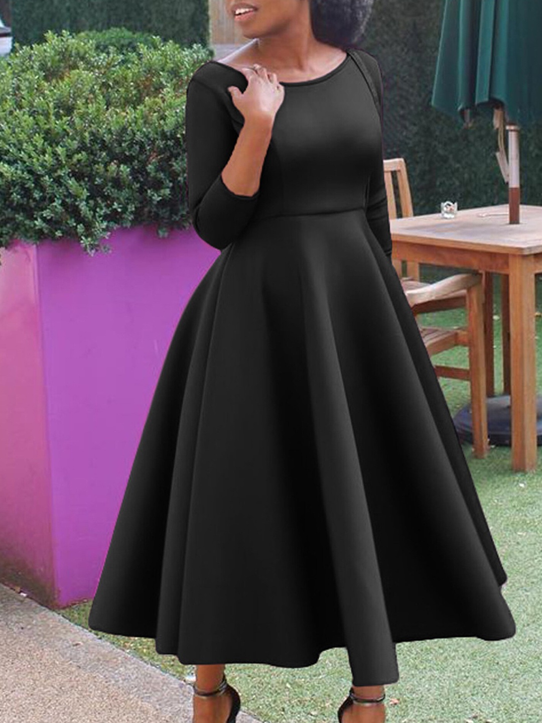 

LULU & SKY Boat Neck Three Quarter Sleeves Fit & Flare Midi Dress, Black