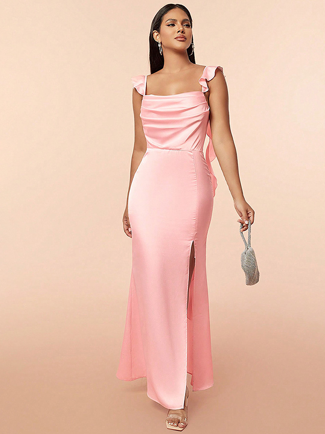 

LULU & SKY Shoulder Straps Gathered Detail Maxi Dress, Pink