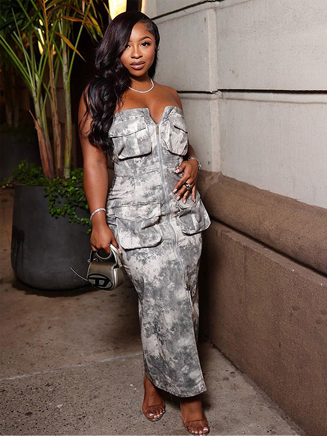 

LULU & SKY White Print OffShoulder Camouflage Bandeau Maxi Dress