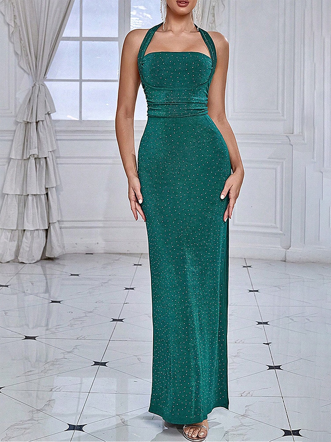 

LULU & SKY Halter Strap Side Slit Dress, Green