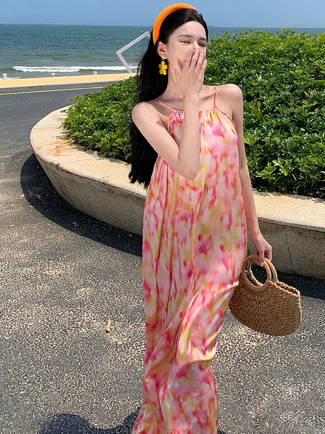 

LULU & SKY Abstract Printed Gathered Maxi A-Line Dress, Pink