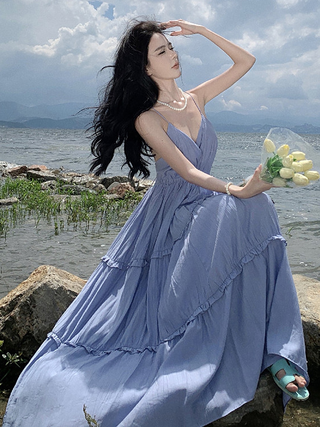 

LULU & SKY Shoulder Strap Tiered Maxi Dress, Blue