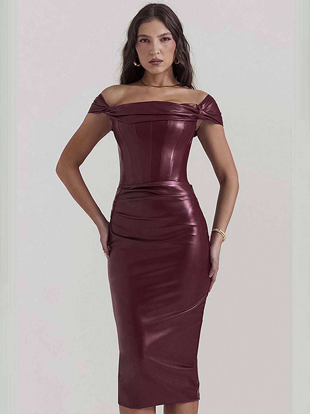 

LULU & SKY Off-Shoulder Bodycon Midi Dress, Burgundy