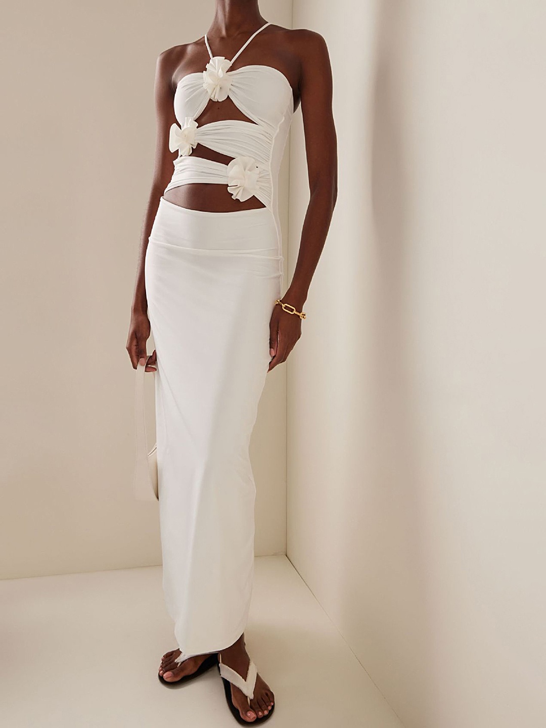 

LULU & SKY Halter Neck Cut-Out Detailed Maxi Dress, White